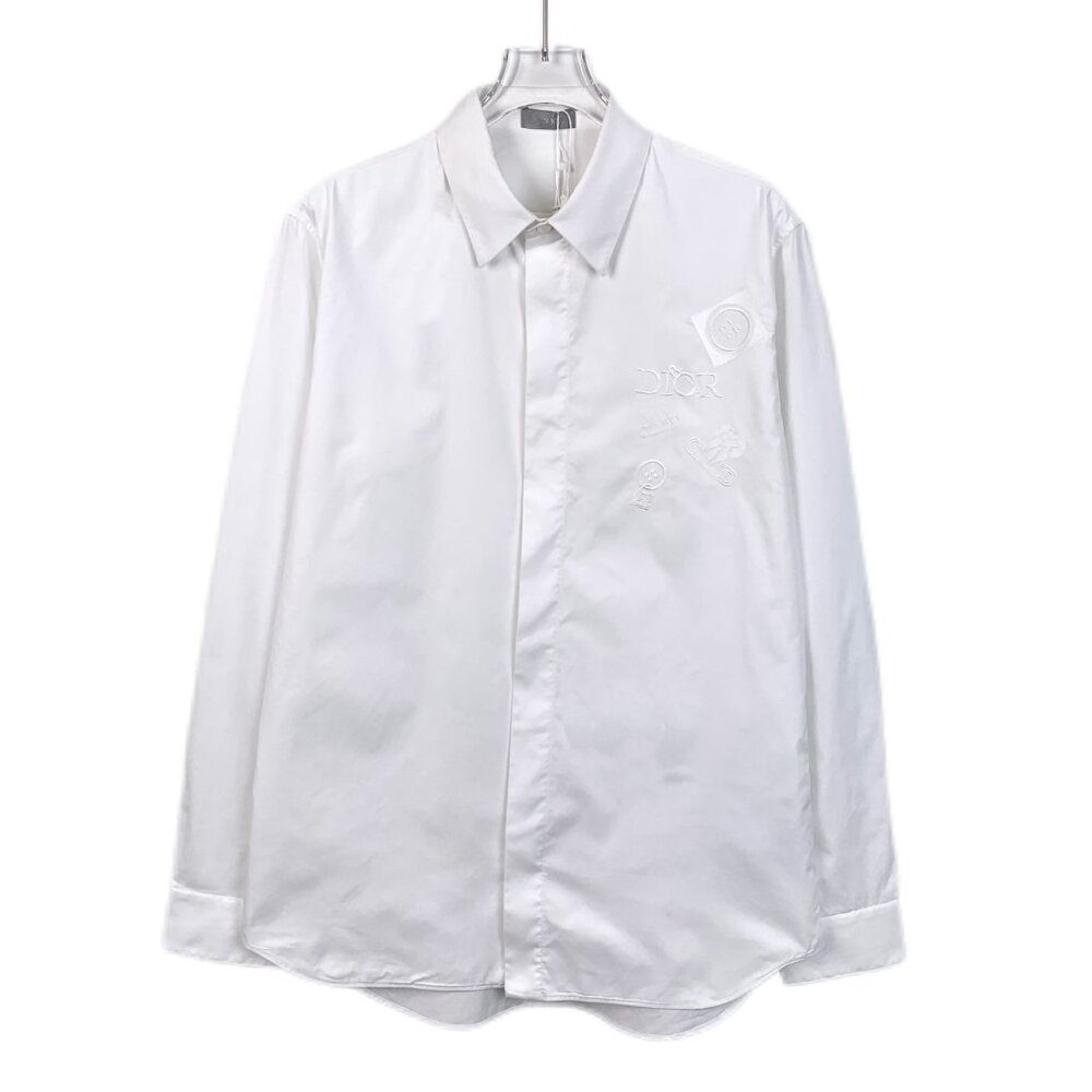 Dior Mens White Long-Sleeve Button-Up Shirt With Embroidered Details